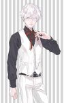  1boy belt character_request copyright_request eyepatch grey_eyes kamonisi male_focus neck_ribbon ribbon solo striped striped_background vest white_hair 