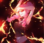  1girl arms_up breasts cleavage curly_hair grin ivory_(25680nico) long_hair looking_at_viewer mega_stone midriff navel pachira_(pokemon) pink_hair pokemon pokemon_(game) pokemon_xy ponytail red_eyes red_glasses sleeveless smile solo sunglasses 
