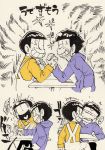  2boys anger_vein arm_wrestling black_hair brothers constricted_pupils grin heart heart_in_mouth highres hono1212 hoodie ichimatsu jyushimatsu mask mask_removed multiple_boys no_pupils osomatsu-kun osomatsu-san overalls partially_colored sequential siblings sitting smile surgical_mask table trembling upper_body 