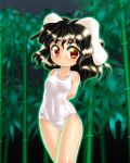  1girl arms_behind_back black_hair blush brown_eyes inaba_tewi school_swimsuit smile swimsuit touhou white_school_swimsuit white_swimsuit winn 