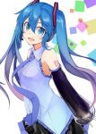  1girl aqua_eyes blue_hair detached_sleeves hatsune_miku headset kazenoko long_hair looking_at_viewer necktie open_mouth see-through solo tattoo twintails very_long_hair vocaloid white_background 
