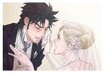  1boy 1girl black_hair blonde_hair blue_eyes closed_eyes crying father_and_daughter flower gloves hair_bun hair_flower hair_ornament handkerchief jewelry jojo_no_kimyou_na_bouken joseph_joestar_(young) kamonisi kuujou_holly necklace necktie pearl_necklace tears tuxedo white_border white_gloves 