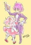  1boy 1girl apron aroma_(go!_princess_precure) blush book bow bowtie brother_and_sister butler closed_eyes formal full_body go!_princess_precure happy height_difference hug long_hair pantyhose personification pink_hair pink_shoes pink_skirt precure puff_(go!_princess_precure) purple_hair purple_shoes red_bow shinoasa shoes siblings skirt suit surprised twintails twitter_username violet_eyes white_legwear yellow_background 