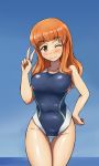  1girl blush breasts brown_eyes brown_hair competition_swimsuit girls_und_panzer hand_on_hip highres long_hair looking_at_viewer one-piece_swimsuit one_eye_closed smile solo solokov_(okb-999) swimsuit takebe_saori v 