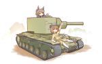  2girls animal_ears borisx brown_eyes brown_hair cat_ears cat_tail chen hat highres military military_vehicle multiple_girls multiple_tails original short_hair tail tank touhou vehicle 