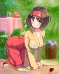  1girl all_fours breasts brown_eyes brown_hair chair cleavage collarbone erika_(pokemon) hairband hakama japanese_clothes kazo kimono large_breasts looking_at_viewer plant poke_ball pokemon potted_plant sash short_hair smile table wide_sleeves 