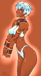  1girl armlet bikini blue_eyes bracelet breasts caw=zoo cowboy_shot dark_skin dated elena_(street_fighter) highres interlocked_fingers jewelry lips midriff navel neck_ring perky_breasts short_hair sideways_mouth signature solo street_fighter street_fighter_iii swimsuit tankini v_arms very_dark_skin white_bikini white_hair white_swimsuit 