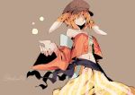 1girl adapted_costume aioi_aoi animal_ears baggy_pants bangs breasts brown_background center_opening cleavage collarbone cowboy_shot detached_sleeves expressionless flat_cap hair_over_eyes harem_pants hat midriff navel orange_hair pants rabbit_ears ringo_(touhou) short_hair simple_background solo tagme touhou twitter_username yellow_pants 