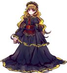  1girl alternate_costume black_dress blonde_hair bow dress frills gothic_lolita headdress junko_(touhou) lolita_fashion long_hair long_sleeves looking_at_viewer red_eyes ribbon smile solo touhou uranaishi_(miraura) wide_sleeves 