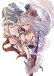  1girl animal_ears bare_back blue_eyes breasts cleavage granblue_fantasy heles highres pip_(red_juice1869) polearm silver_hair solo spear weapon 