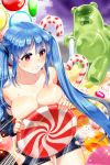  1girl bangs bare_shoulders between_breasts between_thighs blue_hair blush breasts candy candy_cane cleavage cream detached_sleeves emphasis_lines gummy_bear jelly_bean julion_(akesuzu) long_hair red_eyes solo sparkle sweatdrop sweets sword_girls torn_clothes twintails very_long_hair 