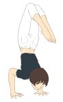  1girl barefoot brown_eyes brown_hair capri_pants full_body gake_no_ue_no_ponyo handstand jas legs_together midriff pants risa_(ponyo) shirt short_hair solo studio_ghibli white_background 