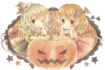  2girls arm_support bat_wings black_eyes blush bow candy chibi flandre_scarlet hair_bow halloween hands_on_own_cheeks hands_on_own_face hat jack-o&#039;-lantern kagome_f komeiji_koishi lollipop looking_at_viewer multiple_girls no_hat one_eye_closed pumpkin red_eyes short_hair skirt skirt_set star touhou traditional_media watercolor_(medium) wings witch_hat 