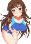  1girl bent_over breasts brown_eyes brown_hair collarbone competition_swimsuit highres idolmaster idolmaster_cinderella_girls large_breasts long_hair looking_at_viewer nitta_minami one-piece_swimsuit simple_background smile swimsuit vox_(daisuke-vox-1068) white_background 