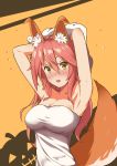  1girl absurdres animal_ears armpits bare_shoulders blush breasts caster_(fate/extra) cleavage collarbone fang fate/extra fate/grand_order fate/stay_night fate_(series) fox_ears fox_tail highres large_breasts long_hair looking_at_viewer open_mouth pink_hair solo sweat sweatdrop tail tears twintails yellow_eyes 