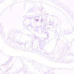  2girls boots bow cape carrying closed_eyes cross-laced_footwear gomi_(gomitin) hat hat_bow hinanawi_tenshi lineart long_hair monochrome multiple_girls nagae_iku open_mouth princess_carry puffy_short_sleeves puffy_sleeves shawl shirt short_sleeves skirt smile touhou very_long_hair 