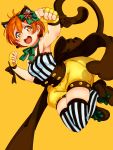  1girl absurdres animal_ears cat_ears cat_tail fingerless_gloves gloves highres hoshizora_rin kent0320 love_live!_school_idol_festival love_live!_school_idol_project open_mouth orange_hair short_hair smile solo striped striped_legwear tail yellow_eyes 