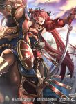  1girl armor bow_(weapon) cleavage_cutout drawing_bow fire_emblem fire_emblem_cipher fire_emblem_if gloves hair_ribbon horseback_riding long_hair luna_(fire_emblem_if) nagahama_megumi red_eyes redhead ribbon riding twintails weapon 