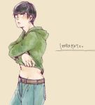  1boy bangs black_hair character_name choromatsu denim hoodie jeans looking_at_viewer male_focus muusanniji_(dbnst) osomatsu-kun osomatsu-san pants simple_background solo swept_bangs tan_background undressing 