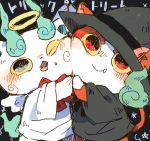  angel angel_wings cat cheek-to-cheek fang halloween halo hat jibanyan koma-san looking_at_viewer matsurinra no_humans notched_ear one_eye_closed open_mouth smile trick_or_treat wings witch_hat youkai youkai_watch 