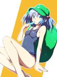  1girl backpack bag blue_eyes blue_hair breasts hair_bobbles hair_ornament hat highres kawashiro_nitori key looking_at_viewer nirap popsicle school_swimsuit sitting solo swimsuit touhou twintails 