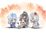  &gt;:| 3girls ahoge asymmetrical_legwear black_hair blue_eyes blue_hair blush chibi fan fish flower hair_flower hair_ornament hairclip hamakaze_(kantai_collection) isokaze_(kantai_collection) japanese_clothes kantai_collection kimono mask_on_head multiple_girls paper_fan ponytail red_eyes squatting takanashi_hiyori uchiwa urakaze_(kantai_collection) yukata 