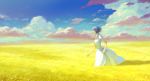  1girl blue blue_hair clouds dress field grass hiko_(scape) original parted_lips profile running short_hair sky solo white_dress wind yellow 