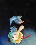  1girl blonde_hair blood hair_ribbon hanada_hyou highres long_sleeves one_eye_closed open_mouth red_eyes ribbon rumia scan scan_artifacts shirt short_hair skirt solo touhou upside-down vest 