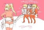  3girls ^_^ ahoge boots breasts butt_crack choker cleavage clenched_hand closed_eyes coat commentary_request eating fate/extra fate/stay_night fate_(series) hair_ribbon hand_on_hip happy holding_food kettle21 long_hair looking_at_viewer multiple_girls navel ponytail pose ribbon saber saber_extra short_shorts shorts sitting sleeves_rolled_up smile standing thigh-highs thigh_boots toosaka_rin translation_request twintails u_u 