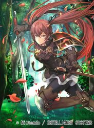  1girl armor boots fire_emblem fire_emblem_cipher fire_emblem_if forest gloves hair_ribbon long_hair luna_(fire_emblem_if) nagahama_megumi nature red_eyes redhead ribbon sword thigh-highs thigh_boots twintails weapon 