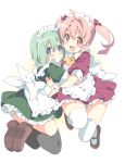  2girls ahoge apron black_legwear blush bow brown_shoes character_request copyright_request fang green_eyes hug looking_at_viewer maid maid_apron maid_headdress multiple_girls neneko-n over-kneehighs pink_eyes pink_hair shoes short_hair thigh-highs twintails violet_eyes white_legwear 