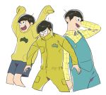  3boys arm_behind_head black_hair cdov34 cowboy_shot heart heart_in_mouth high_collar jumpsuit jyushimatsu male_focus multiple_boys multiple_persona osomatsu-kun osomatsu-san overalls simple_background sleeves_past_wrists smile white_background 