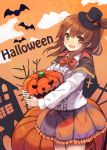  1girl :d alternate_costume blush bowtie brown_eyes brown_hair cape fang folded_ponytail halloween halloween_costume hat highres inazuma_(kantai_collection) jack-o&#039;-lantern kantai_collection kurripu open_mouth pumpkin pumpkin_pants smile solo top_hat 