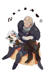  2boys animal_ears armor armored_boots beard benoit_(fire_emblem_if) black_hair blonde_hair boots facial_hair fire_emblem fire_emblem_if flannel_(fire_emblem_if) gauntlets gloves kana0503 long_hair multicolored_hair multiple_boys open_mouth rat red_eyes scar simple_background sitting tail two-tone_hair white_background white_hair wolf_ears wolf_tail 