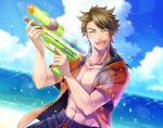  1boy ^_^ abs beach brown_hair closed_eyes holiday-jin hoodie male_focus mutsu-no-kami_yoshiyuki open_mouth smile swim_trunks touken_ranbu water_gun 