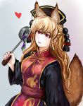  1girl animal_ears animal_print arm_at_side black_dress blonde_hair blush bow breasts chinese_clothes colored_eyelashes dress ears fingers food fox_ears fox_tail grey_background hair_between_eyes hand_up hat hat_bow head_tilt heart highres junko_(touhou) ladle long_hair long_sleeves looking_to_the_side mellong motherly nail_polish obi parted_lips pink_nails red_eyes ribbon sash sidelocks smile solo tabard tail tareme touhou very_long_hair 
