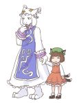  1girl androgynous animal_ears artist_request barefoot black_shoes bow bowl_cut bowtie brown_hair cat_ears chen chen_(cosplay) closed_eyes cosplay dress finger_to_mouth frilled_dress frilled_skirt frills frisk_(undertale) furry hat highres holding_hands long_sleeves mob_cap multiple_tails pillow_hat pink_bow red_skirt red_vest shirt shoes short_hair simple_background skirt tabard tail toriel touhou undertale white_background white_dress white_shirt yakumo_ran yakumo_ran_(cosplay) 
