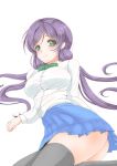 1girl black_legwear breasts frapowa green_eyes long_hair looking_at_viewer love_live!_school_idol_project purple_hair simple_background skirt smile solo thigh-highs toujou_nozomi white_background 