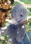  1girl ass bag blue_eyes blurry blush breath coat depth_of_field hair_ornament hair_over_one_eye hairclip hamakaze_(kantai_collection) hands_together kantai_collection long_sleeves looking_at_viewer mimamui open_mouth scarf short_hair shoulder_bag snowing solo upper_body 