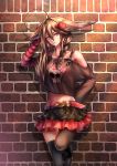  1girl against_wall ahoge black_legwear blue_eyes braid breasts brick_wall brown_hair casual cowboy_shot earrings futari_no_sei hair_flaps hand_in_hair heart highres huge_ahoge jewelry kantai_collection long_hair looking_at_another midriff miniskirt navel necklace parted_lips scratching_head shigure_(kantai_collection) single_braid skirt solo standing_on_one_leg thigh-highs 