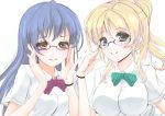  2girls ayase_eli bespectacled blonde_hair blue_hair blush breasts frapowa glasses heart long_hair looking_at_viewer love_live!_school_idol_project multiple_girls simple_background smile sonoda_umi white_background 