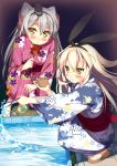  2girls amatsukaze_(kantai_collection) blonde_hair blush brown_eyes candy_apple hair_ribbon hair_tubes highres japanese_clothes kantai_collection kawai_(purplrpouni) kimono long_hair multiple_girls open_mouth ribbon sandals sash shimakaze_(kantai_collection) silver_hair squatting thigh-highs two_side_up yukata 