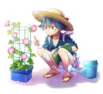  1boy :&lt; blue_eyes blue_hair book flower hat holiday-jin japanese_clothes male_focus morning_glory open_book pencil sandals sayo_samonji scar shorts squatting sweat touken_ranbu watering_can 