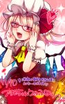 1girl ascot blonde_hair bow fangs flandre_scarlet fua_yuu glasses hat hat_bow heart mob_cap open_mouth red-framed_glasses red_eyes solo touhou wings 