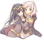  2girls black_eyes black_hair bodysuit bracelet breasts bridal_gauntlets cape cleavage ebi_shamo eye_contact fire_emblem fire_emblem:_kakusei flying_sweatdrops holding_hands jewelry long_hair looking_at_another multiple_girls my_unit_(fire_emblem:_kakusei) robe tharja tiara twintails two_side_up white_background white_hair 