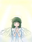  1girl angel_wings blush green_hair halo hidamari_sketch long_hair matsuki_miyu smile solo wings yoshinoya 