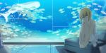  1girl ahoge aquarium bare_shoulders barefoot blonde_hair couch dress fate/stay_night fate_(series) fish green_eyes hands_on_feet highres legs magicians_(zhkahogigzkh) saber short_hair sitting smile solo sundress water whale_shark 