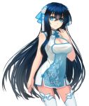  1girl black_hair blue_eyes blush breasts china_dress chinese_clothes cleavage_cutout contrapposto cowboy_shot douyougen female flower hair_flower hair_ornament hair_ribbon large_breasts long_hair looking_at_viewer original ribbon simple_background solo standing thigh-highs very_long_hair white_background 