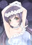  1girl arm_up armpits blush breasts frapowa gloves green_eyes head_wreath long_hair looking_at_viewer love_live!_school_idol_project purple_hair smile solo toujou_nozomi white_gloves 