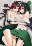  2girls :3 absurdres animal_ears bare_shoulders bed_sheet black_hair black_wings blush bow braid breasts cat_ears cat_tail choker cleavage couple extra_ears eye_contact hair_bow highres holding_hands interlocked_fingers kaenbyou_rin large_breasts long_hair looking_at_another luonawei multiple_girls multiple_tails pillow pointy_ears red_eyes redhead reiuji_utsuho tail touhou twin_braids wings yuri 